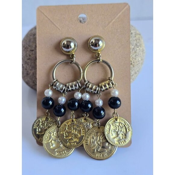 Coin Dangle Earrings Gold Tone Pierced Post Style Statement Costume Jewelry - Picture 1 of 8